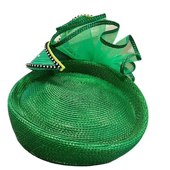 Elegant Green Fascinator Hat With Mesh & Rhinestones - Picture 3 of 9